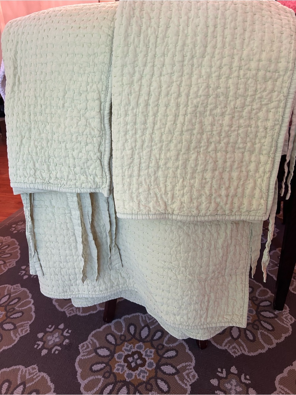 Pottery Barn 3pcs - Pick-Stitch F/Q Quilt + 2 Stand Shams PISTACHIO Green RARE